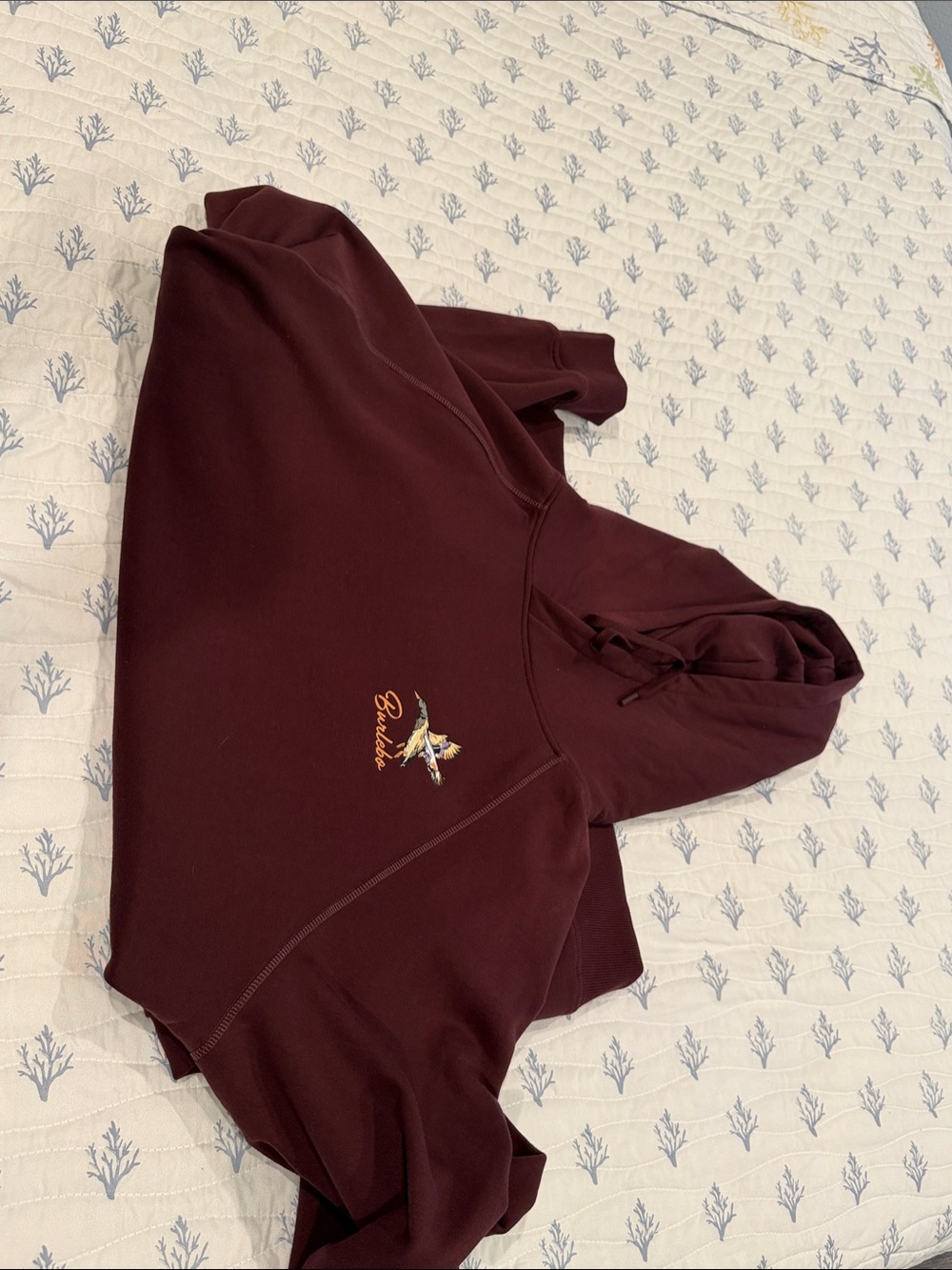 BURLEBO Women's Burgundy Pullover Hoodie with Small Embroidered Bird